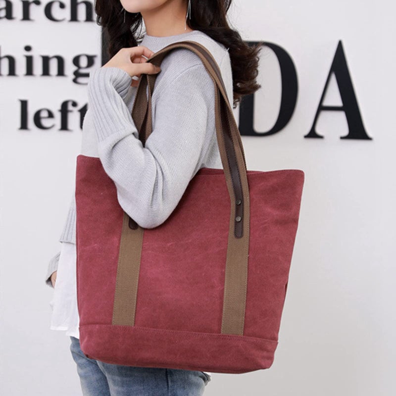 Sunshinejing Women Canvas Tote Bag Work Shoulder Totes Purse Everyday Top Handle Handbag (Red) - Image 2